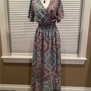 Printed Wrap-Style Maxi Dress in Teal and Mauve
